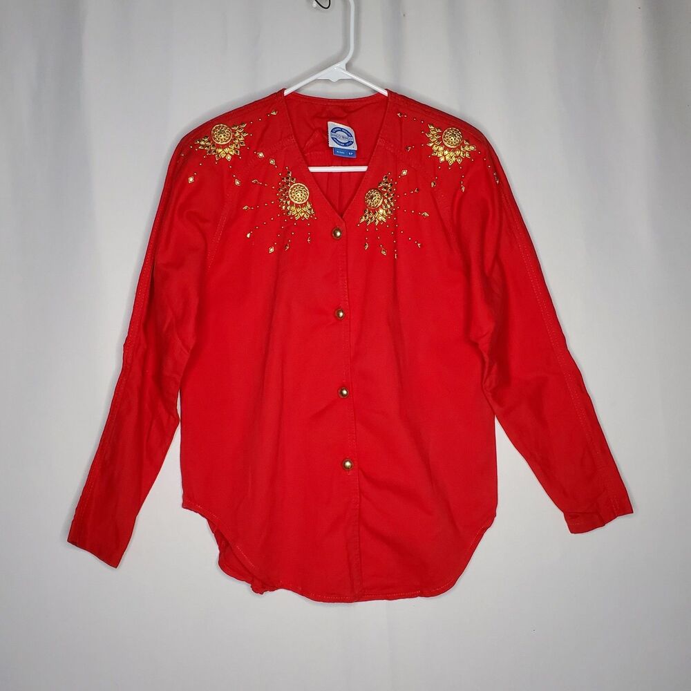 Bingo Western Top Pant Set Women 6P Red Gold Hardware Sequin Button Twill Vtg